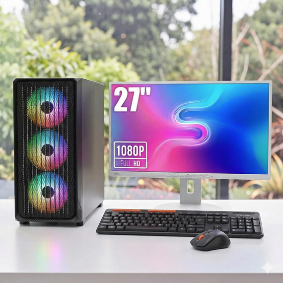 Komplett Gaming PC Szett Montech X5M Black AMD Ryzen 5 4500/16GB DDR4/1TB NVMe SSD/RTX 3050 6GB/Fujitsu B27-8 27" FHD Monitor/Meetion Vezeték nélküli Billentyűzet+Egér/Windows 11 vagy 10
