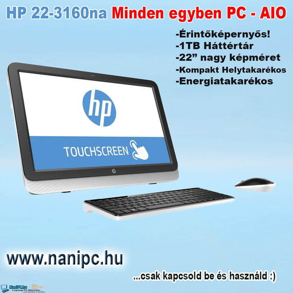 Helytakarékos Érintőképernyős minden egyben számítógép HP 22-3160na AIO A6/8GB/1TB/FHD/Radeon VGA