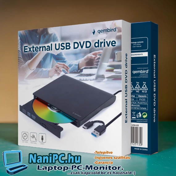 Külső USB/USC-C DVD-Író Gembird Fekete (DVD-USB-03)