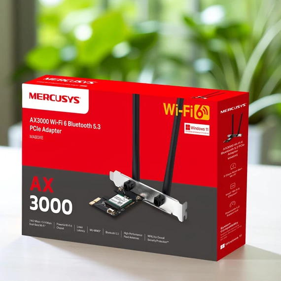 Mercusys MA80XE AX3000 Wi-Fi 6 Bluetooth 5.2 PCIe adapter antennákkal