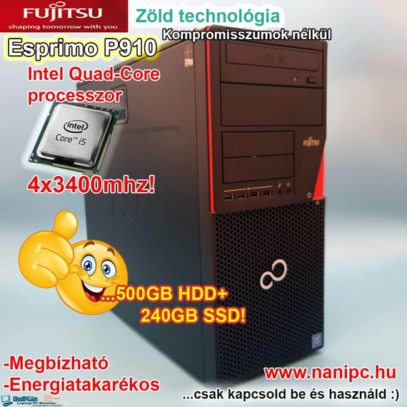 SSD változat Zöld technológia Fujitsu Esprimo P910 PC i5-2400/8GB/240SSD+500HDD Ingyen házhoz Garanciás